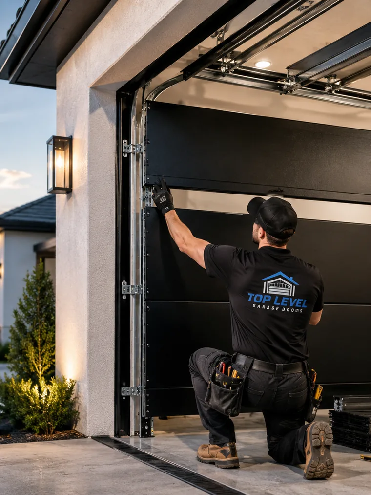 Top Level Garage Doors technician setting new door panels into the tracks at a Charleston home