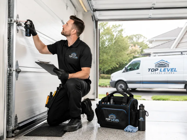 Technician lubricating garage door hinges during an annual maintenance visit