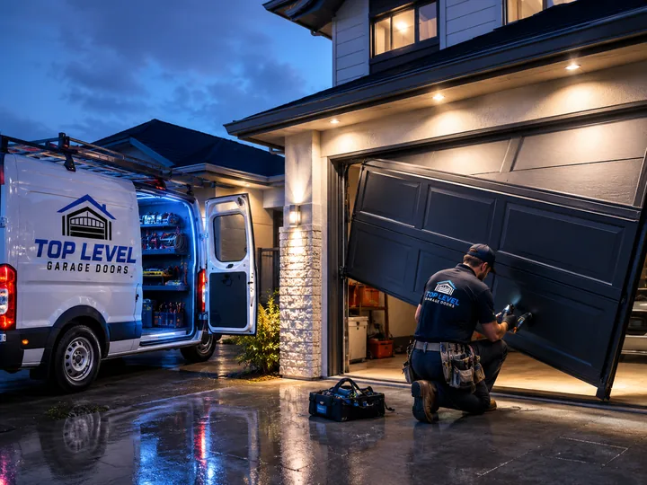 Night emergency call-out with the service van open and a technician inspecting an off-track garage door