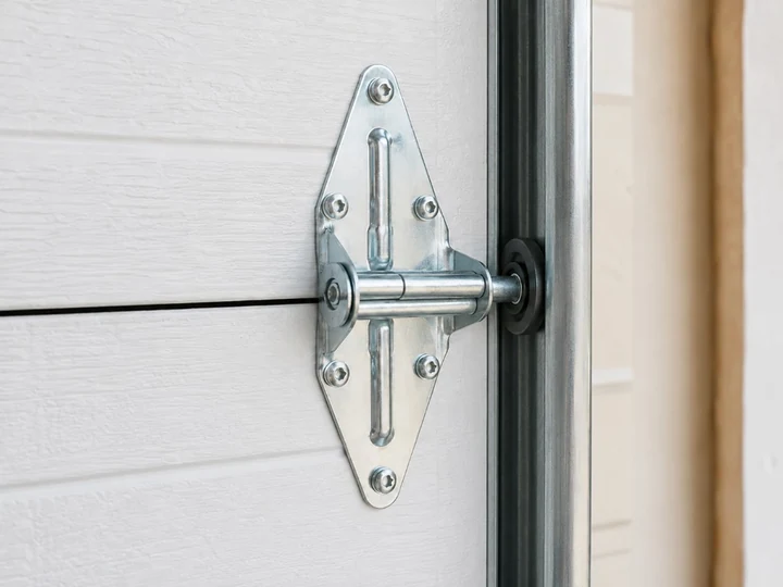 Galvanised garage door hinge bolted to a white door section with the roller seated in the track