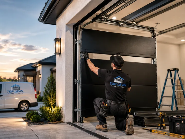 Top Level Garage Doors technician fitting new door panels into the tracks of a Charleston home at dusk