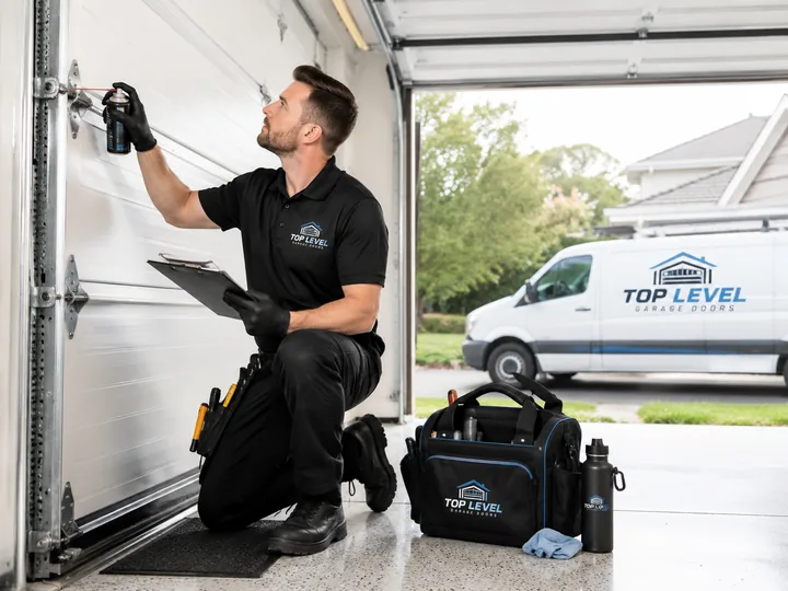 Technician lubricating garage door hinges during an annual inspection, clipboard in hand