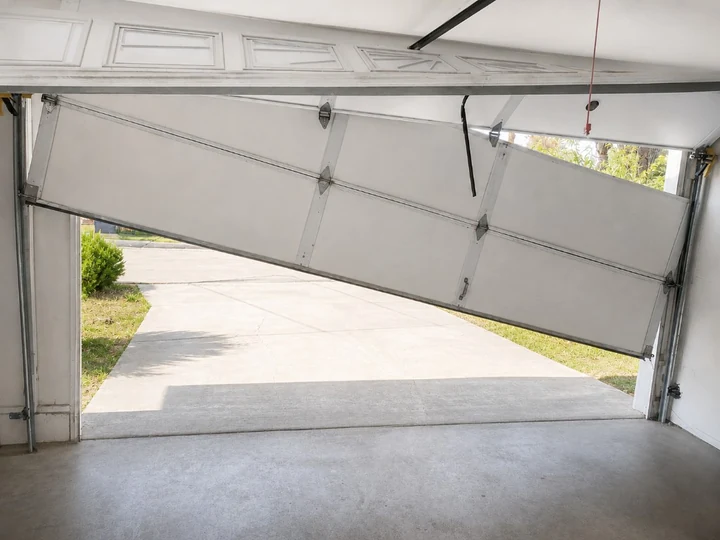 White sectional garage door sagging off the right track, viewed from inside the garage