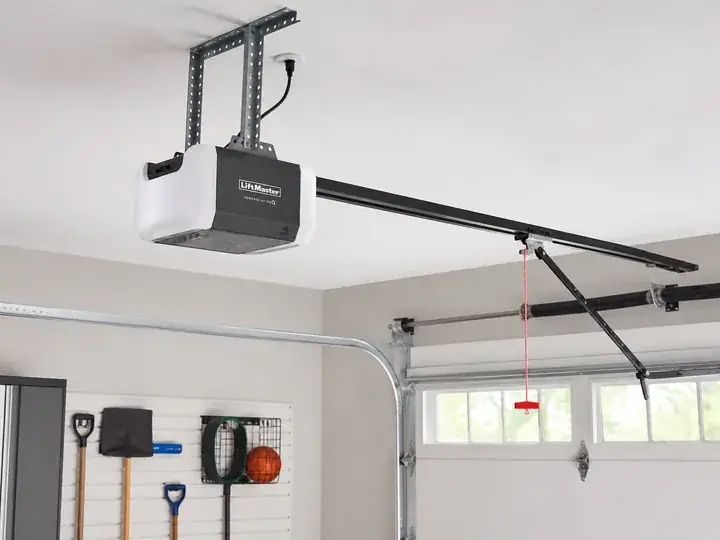 LiftMaster garage door opener mounted to the ceiling with the rail fitted