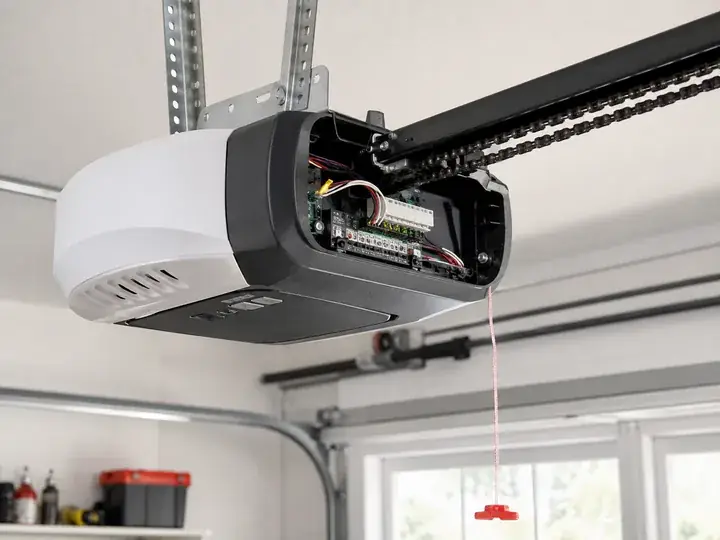 Garage door opener with the casing open showing the control board and chain drive