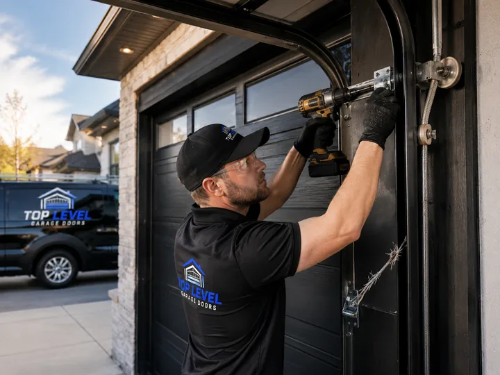 Technician drilling a hinge bracket beside a frayed garage door lift cable