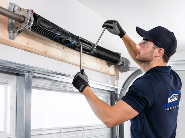 Technician winding a torsion spring above a garage door using winding bars and safety glasses