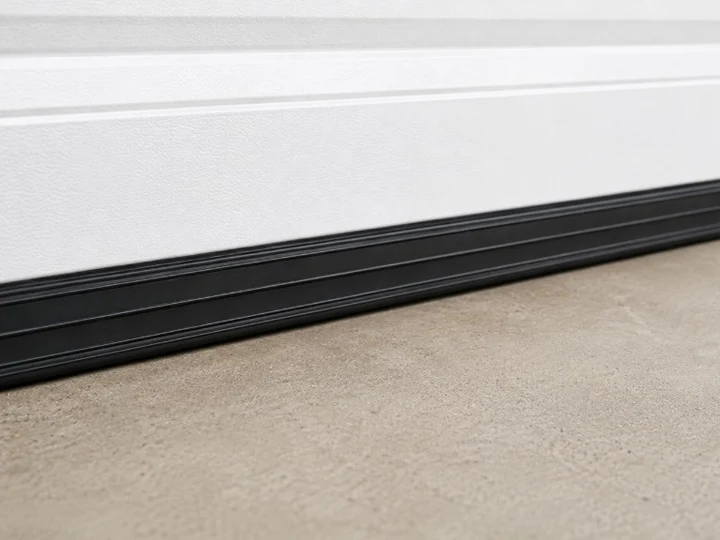 New black bottom weather seal fitted along the base of a white garage door